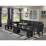 9 Pieces Extendable Dining Set Includes a Xtenczar Kitchen Table, 7 Linen Fabric Dining Chairs and 1 Modern Bench - (Finish Option)