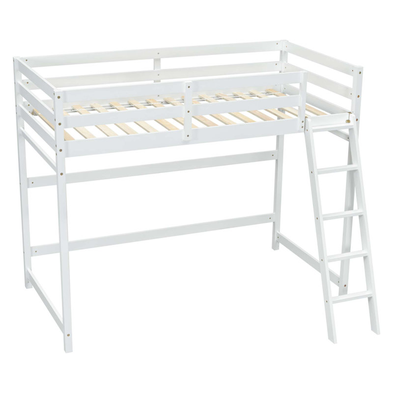 Lit mezzanine haut avec échelle inclinée et garde-corps, Blanc
