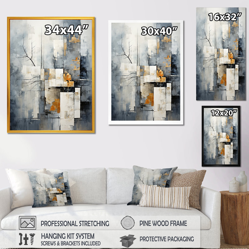 «Gray Abstract Cityscape 3 - Abstract Collages», art mural, H 32 po x l 16 po x P 1 po, Cadre flottant doré