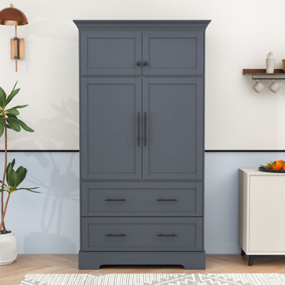 Vintage Freestanding Kitchen Pantry Cabinet with 4 Doors, Pull-out Trays and Anti-Tipping Design