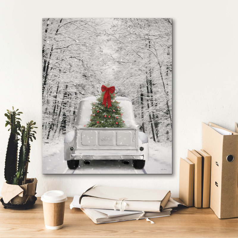 «Snowy Drive in a White Ford» par Lori Deiter, art mural sur toile, H 24 po x l 20 po x P 0,75 po