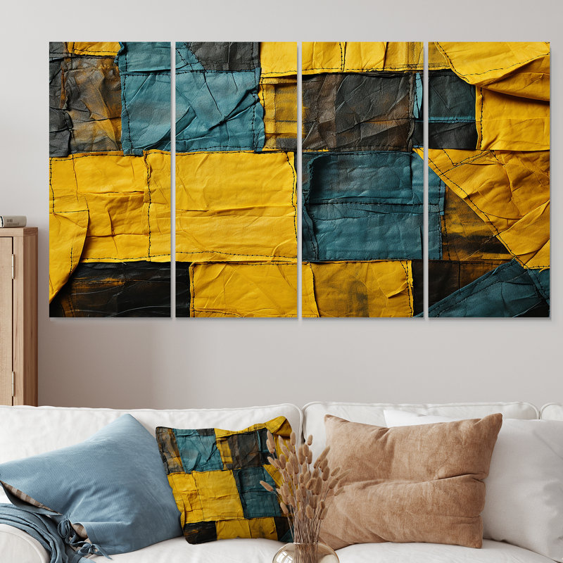 «Yellow and Green Abstract Cube Echoes - Abstract Collages», art mural 4 pièces, H 28 po x l 48 po