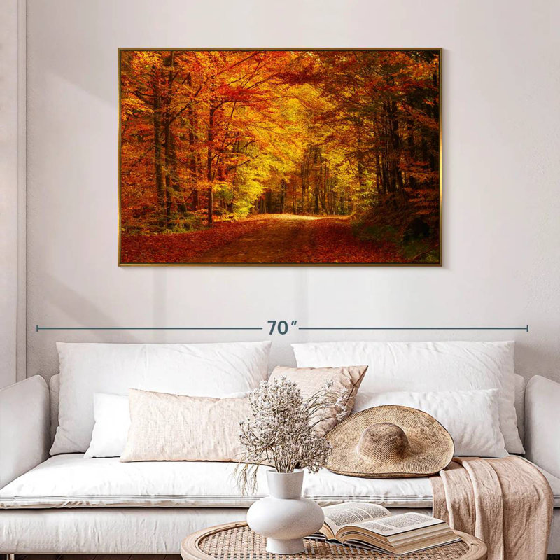 Forêt, arbres d'automne, 46 po x 31 po, Cadre flottant doré