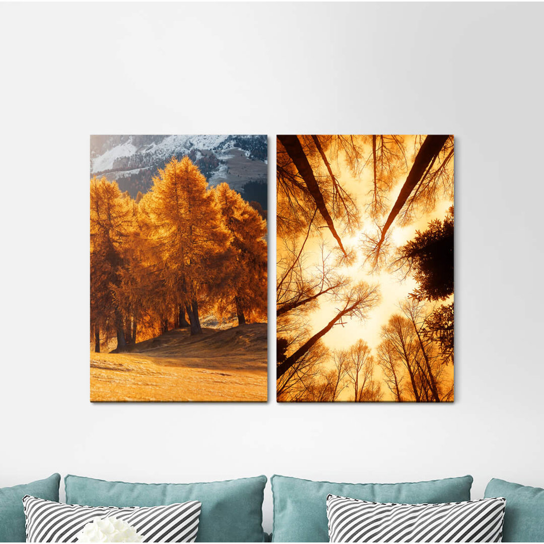 2-tlg. Leinwandbilder-Set - Grafikdruck „Forest Treetops Trees Autumn Dress Warm Light Nature Calming”