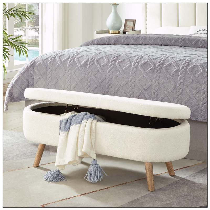 Oval Boucle Storage Ottoman Bench with Wood Legs, Ivory