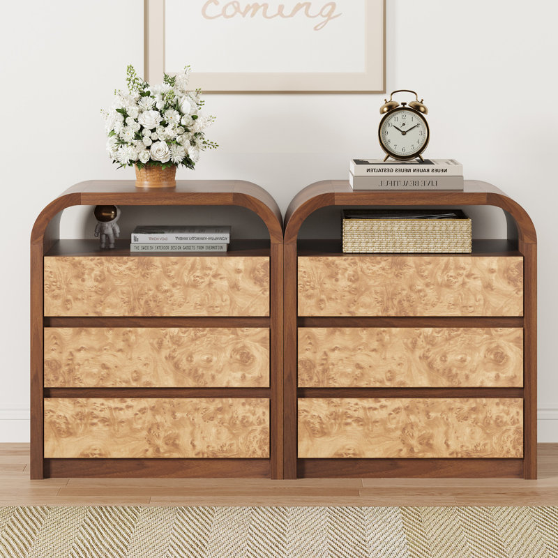 23.62'' W 3 - Drawer Burl Wood Arched Dresser, Walnut