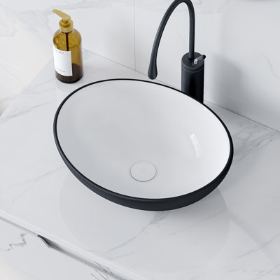 Eclisse 16" L x 13" W White/Matte Black Vitreous China Oval Vessel Bathroom Sink