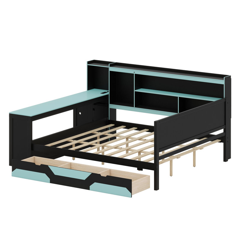 Space-Saving Gaming Daybed Featuring Desk, Lights, and Charging Station, Black+Blue