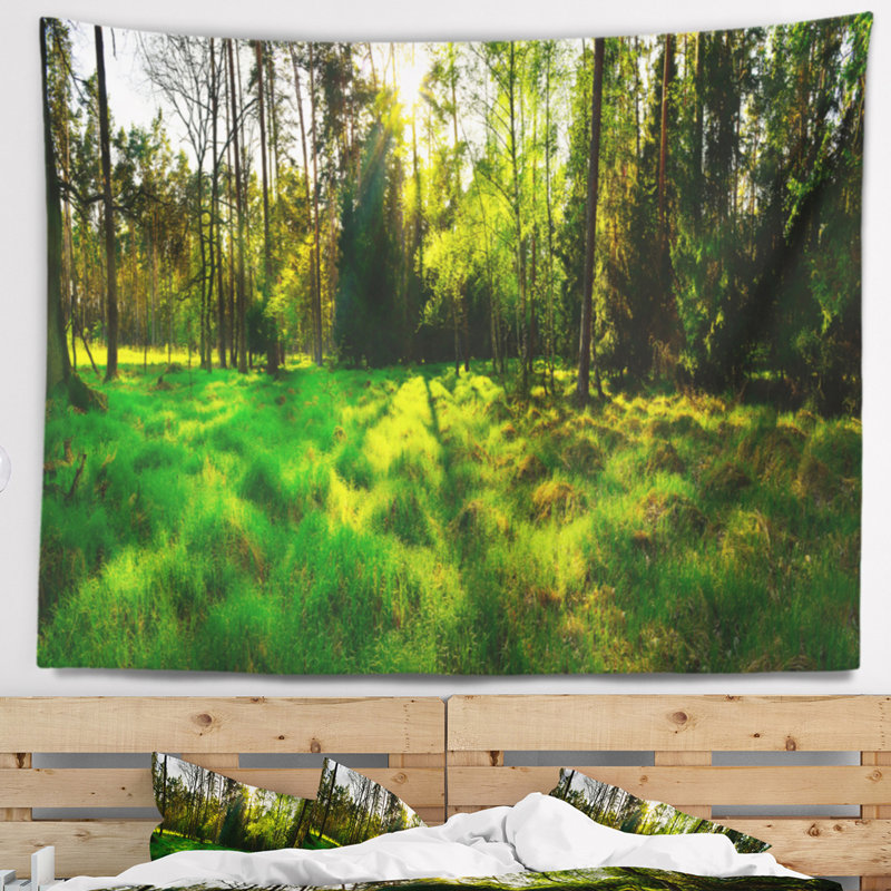 Paysage, forêt verte, coucher de soleil, tapisserie panoramique, H 68 po x l 80 po