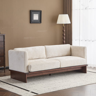 Canapé rembourré 77 po à accoudoirs carrés moderne 77 po avec base en bois massif (beige)