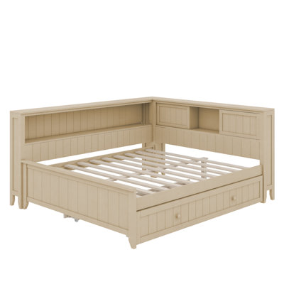 Lit de jour double en bois avec tablettes de rangement et lit gigogne