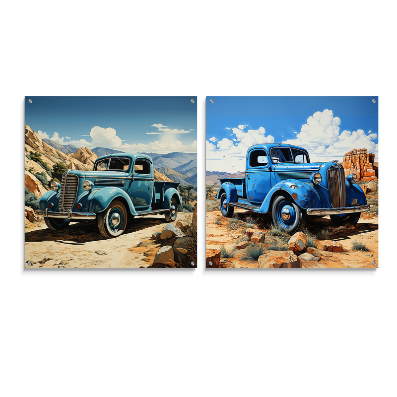 «Blue Vintage Pickup In Nevada» - ensemble de 2 pièces d'art mural en acrylique, H 16 po x l 33 po
