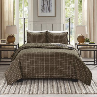 Literie réversible double / grand - noir / brun, imprimé patchwork, rembourrage 3 pièces en coton riche, tissu en microfibre, matelassage Channel, doux au toucher