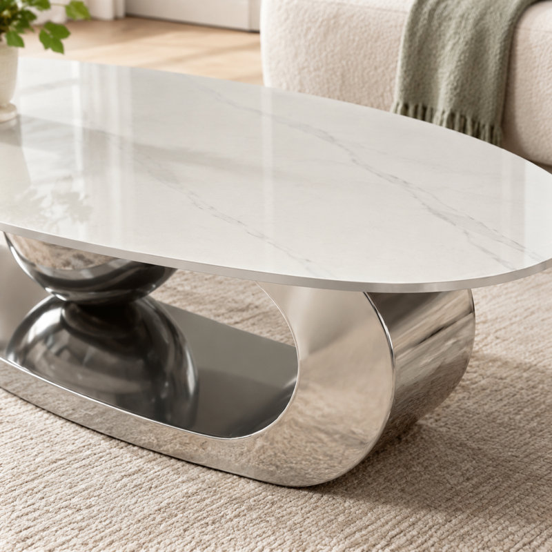 Table basse ovale de 125 cm (49,25 po) en pierre frittée avec plateau brillant imitation marbre et piètement en acier
