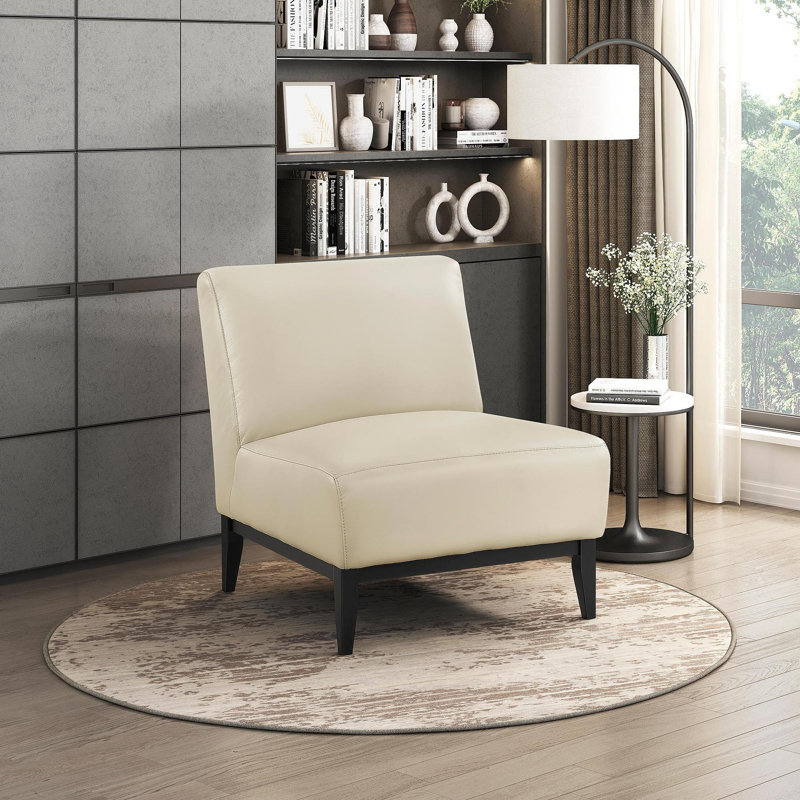 Fauteuil d'appoint Hoy, cuir fleur beige, pieds en bois massif noir, Beige