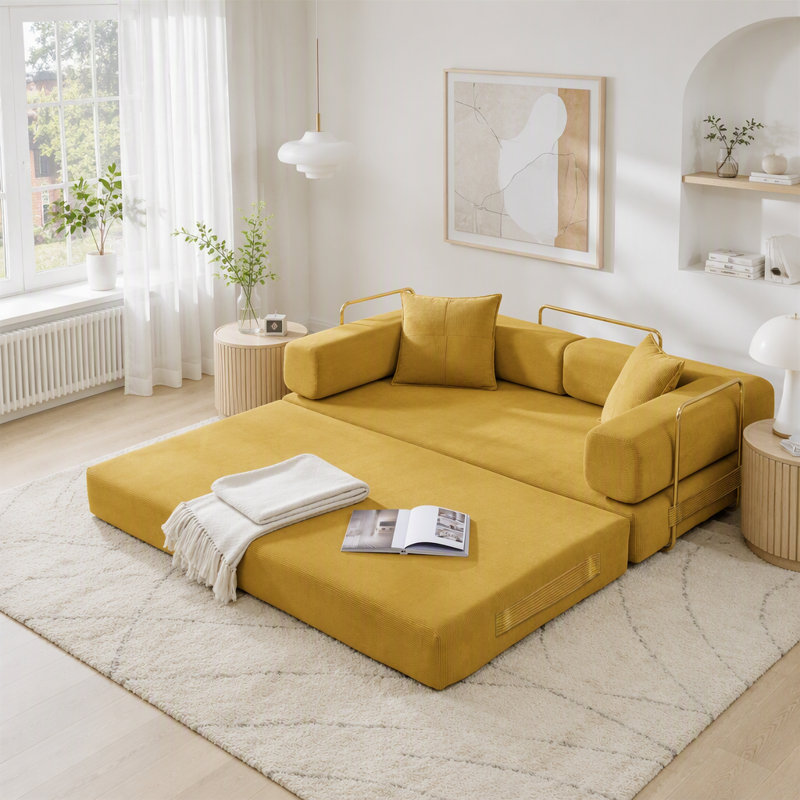 Canapé-lit modulaire en velours côtelé avec accoudoirs mobiles et sans assemblage, Velours côtelé jaune, Jaune