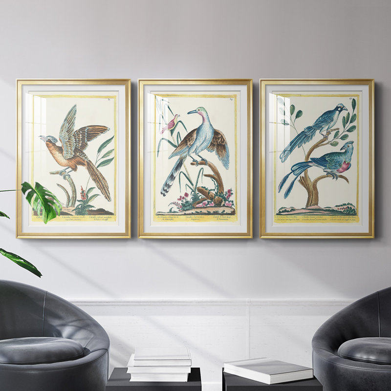 " Pastel Birds IV " 3 - Pieces, 24.5" H x 37" W x 2.5" D, Gold Framed