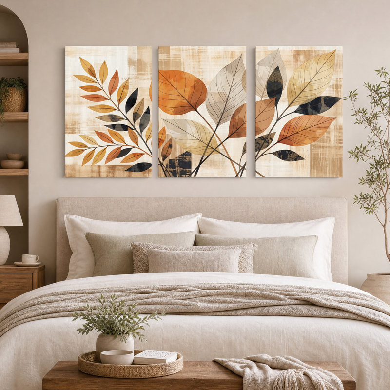 Ensemble de 3 toiles murales stylisées aux motifs rouille, noir et crème, 18"H x 12"W x 3pcs