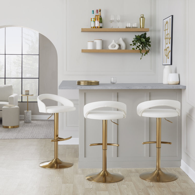 Tabouret de bar Laurenzio, Simili cuir blanc, Ensemble de 3, Doré