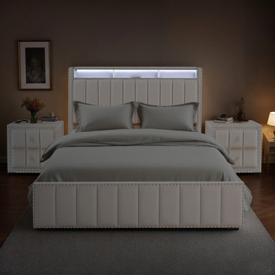 3-pieces Bedroom Sets, Upholstered Bed Frame With Charging Station & Led Light And Two Nightstands by Wrought Studio