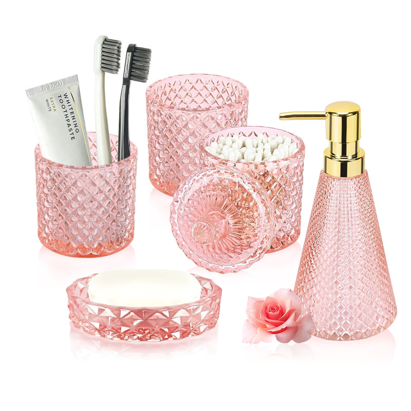 Ensemble d'accessoires de salle de bain, ensemble de distributeur de savon pour salle de bain 5 pièces, ensemble d'accessoires de salle de bain en verre vert avec distributeur de lotion, porte-savon, porte-brosse à dents, gobelet, pots à coton-tige