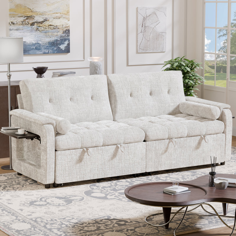 Pull-Out Sleeper Sofa, Convertible Fabric Sofa Bed With Tufted Cushions, Easy Assembly, Space-Saving Design, Beige