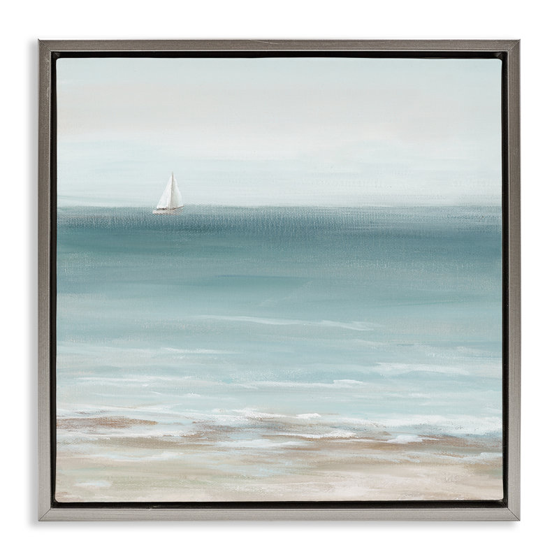 "Faraway Boat on Ocean", art mural sur toile flottante par Nan, H 18 po x l 18 po, Cadre flottant gris lustré