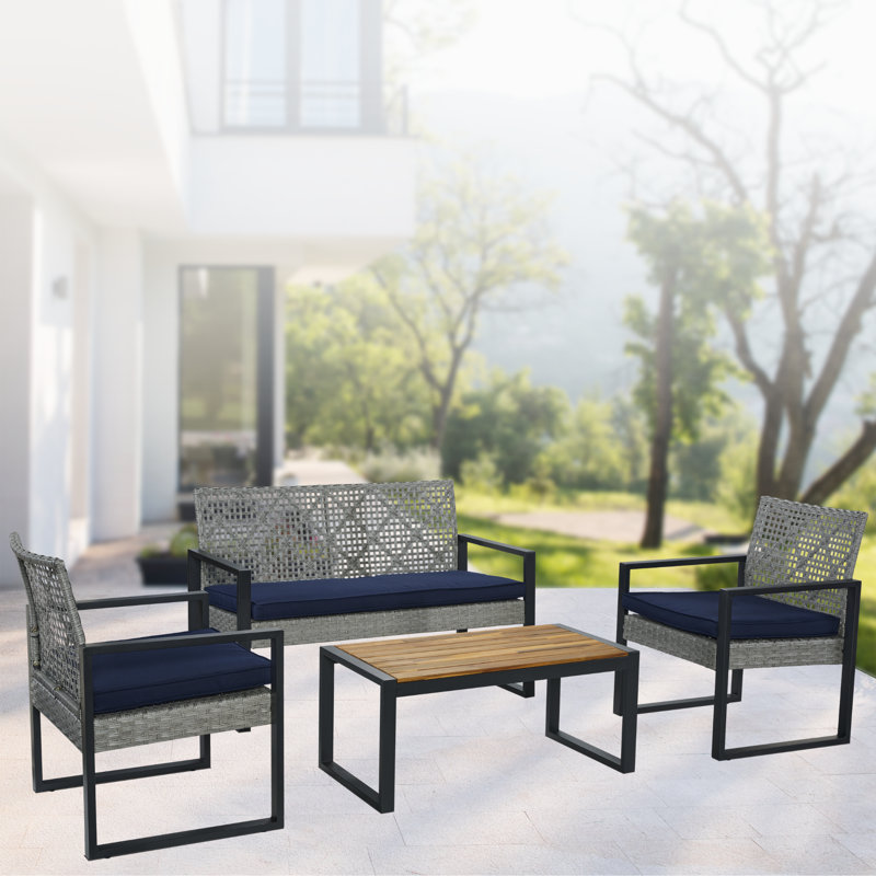 4 - Person Outdoor Seating Group with Cushions, Gray/Navy