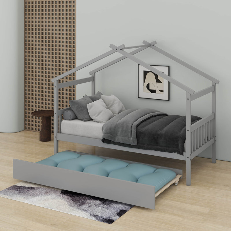 Lit simple en bois avec lit gigogne, Gris