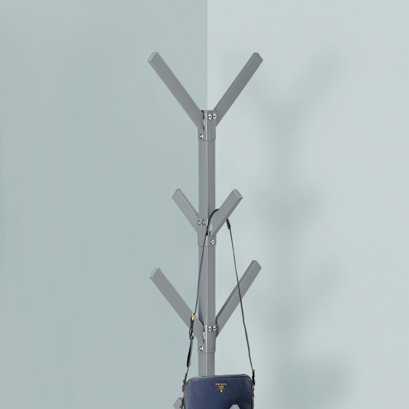 Modern Grey Metal Hall Tree With 8 Hooks, Free Standing, For Entryway And Bedroom Storage, Contemporary Design, Silver