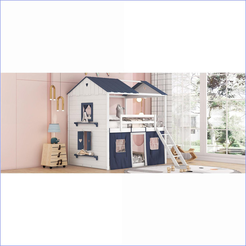 Lit double en bois de pin avec maisonnette Tente, bleu + blanc, aucun sommier nécessaire, Blanc / Bleu