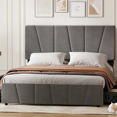 Cadre de lit très grand, cadre de lit tapissier en lin avec 2 tiroirs de rangement et tête de lit réglable, base de lit à lattes de bois, aucun sommier nécessaire