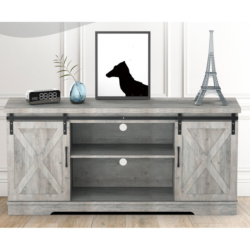Entertainment Center With Storage And Sliding Barn Doors, Modern Media Tv Console, Gray