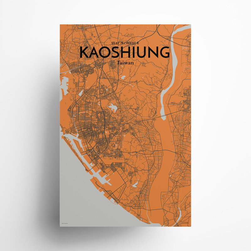 Kaoshiung City Map In Orange - No Frame Print, 17cm H x 11cm W x 0.05cm D