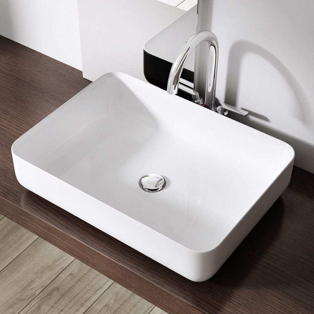 Luxurious Stone Resin Bathroom Basin - Thin Rim No Tap Hole - Countertop Sink Bathroom Vessel - Rectangular 600 x 380