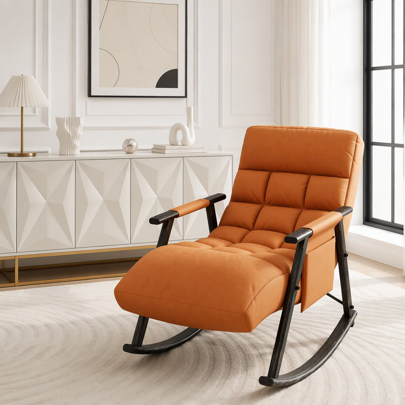 Folding Rocking Lounge Chair with Adjustable Back, Footrest & Side Pockets, Orange