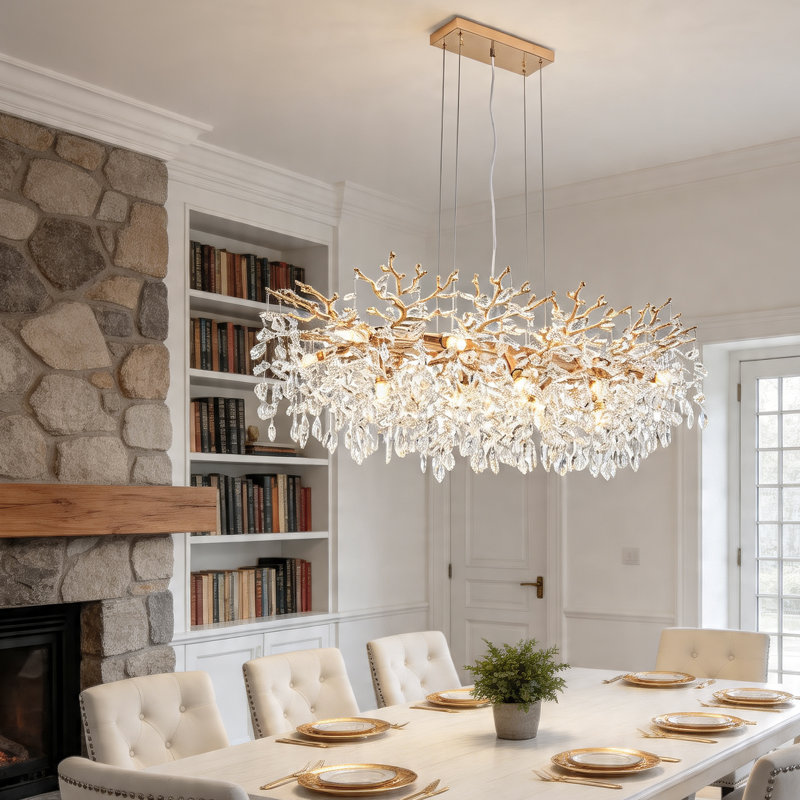 Lustre rectangulaire moderne - conception de branche d'arbre en cristal doré, luminaire suspendu de luxe à 14 lumières pour salle à manger, îlot de cuisine