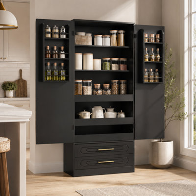 Armoire de cuisine autoportante de 65,6 po avec 2 portes et 2 tiroirs, grande armoire de rangement des aliments avec façades arquées sculptées pour la cuisine et la salle à manger