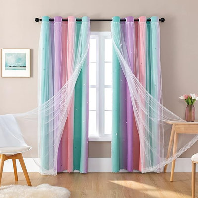 Rideaux Xidi pour décor de chambre à coucher, rideaux arc-en-ciel pour chambre d'enfant, rideaux occultant mauve pour chambre de petite fille, décalcomanies murales licorne, rideaux roses verts, long de 63 pouces et large de 1 panneau