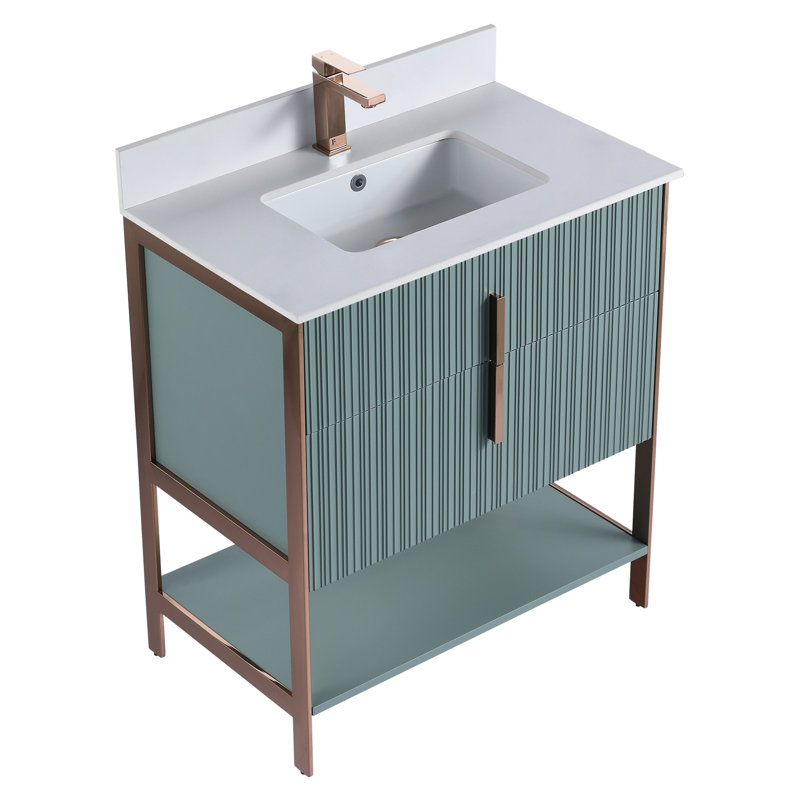 Meuble-lavabo moderne avec plateau en pierre blanche Fine Fixtures Serenity, Vert menthe / or rose, 30"