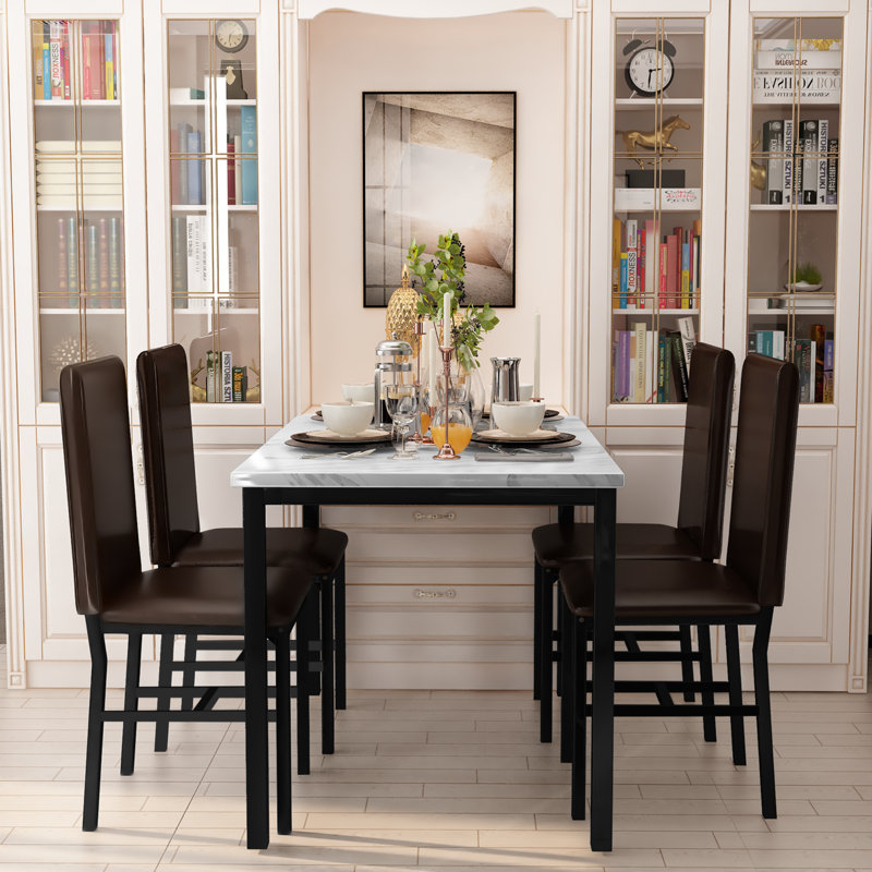 Dining Table Set For 4, 5-Piece Kitchen Table And Chairs, Rectangular Dining Table Set With Four Black Chairs And Marble Top, Dining Table Set With Backrest For Small Spaces, Dining Room Or Living Room
