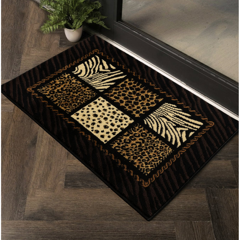 2 Ft. X 3 Black Multi Animal Print Rug Featuring Zebra And Tiger Motifs, Machine-Made, Mountain Lodge Rustic Style, Stain , For Home, 100% Polypropylene Rectangle Area In With Patterns, Wild