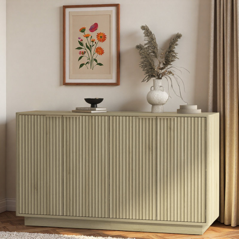 Modern Fluted Sideboard With Adjustable Shelves And Metal Handles, Natural