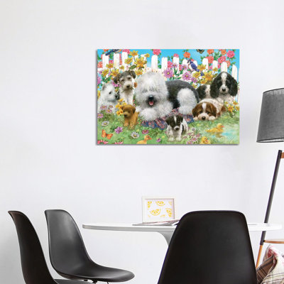 Picket Fence Pups - Wrapped Canvas Painting