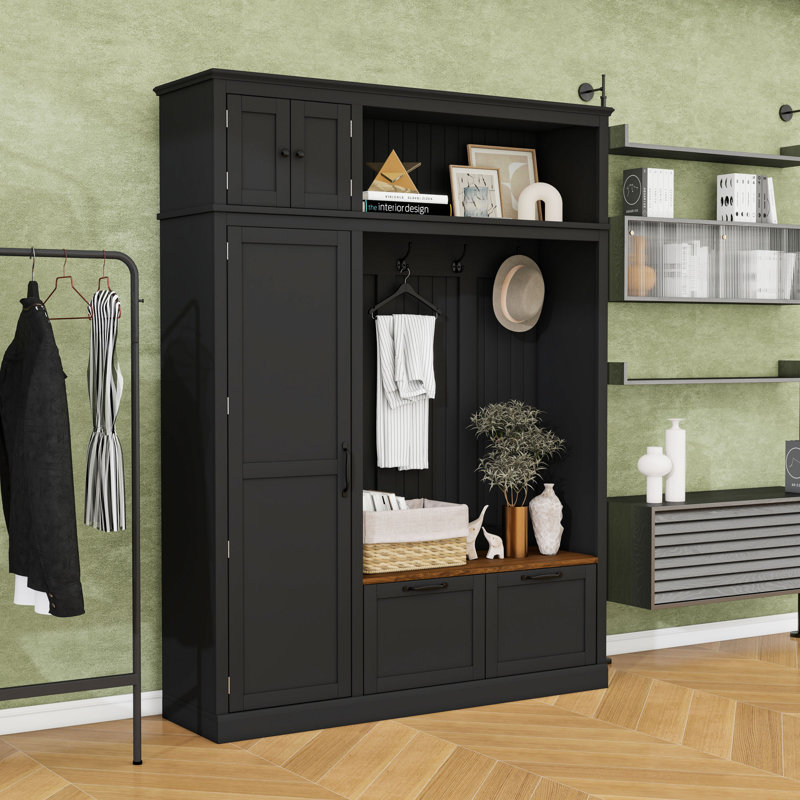 Multi-Functional Hall Tree with Overhead Storage, Adjustable Compartments and Drawers, Black