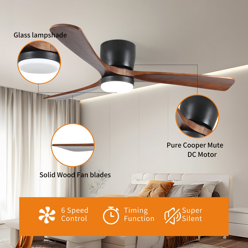 Black Wood Ceiling Fans With Lights And Remote, Modern Flush Mount Low Profile Ceiling Fan With Light, 6 Speed, Reversible DC Motor, For Bedroom/Outdoor/Farmhouse/Patios