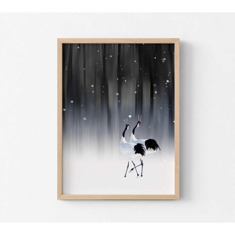 Cranes, reproduction d'art: Bonne année, scène d'hiver glaciale, H 36 po x l 48 po, Impression encadrée sans passe-partout