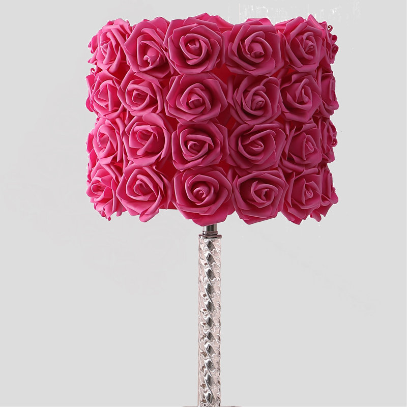 18.25" Red Roses In Bloom Acrylic / Metal Table Lamp, Dark Pink