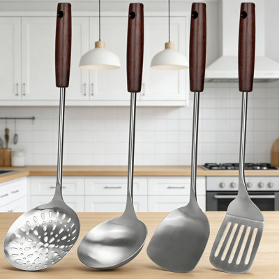 Professional 4-Piece Stainless Steel Wok Utensil Set With Long Wooden Handles - 15 Inch Slotted Turner, Skimmer Spoon, Spatula And Ladle For Cooking