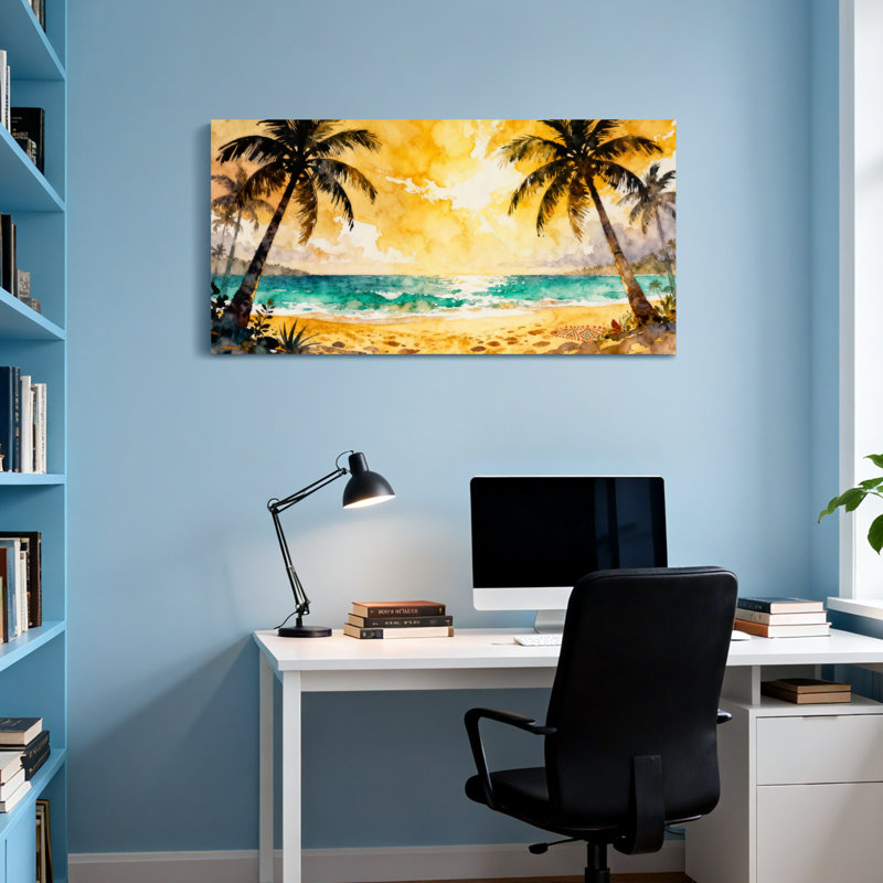 Plantes et fleurs, plage tropicale, coucher de soleil, palmiers, vagues de l'océan, ciel de sable, H 16 po x l 32 po